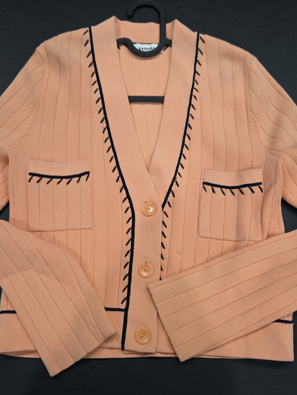 Sandro Peach Ribbed Cardigan Jacket with Black Stitch Trim